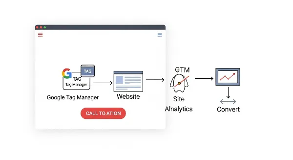 Schéma de l'intégration de Google Tag Manager pour le suivi des conversions et l'optimisation des landing pages