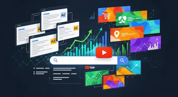 Illustration de la plateforme Google Ads montrant les différents réseaux de diffusion et la croissance du ROI.
