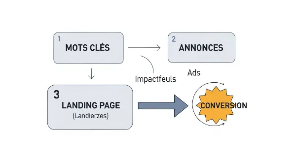 Diagramme expliquant le rôle des mots-clés et des pages de destination dans les campagnes Google Ads.