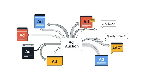 Schéma explicatif du mécanisme d'enchères et du coût par clic (CPC) de Google Ads