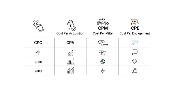 Comparaison des modèles de tarification SEA : Coût Par Clic (CPC), Coût Par Acquisition (CPA), Coût Pour Mille impressions (CPM), Coût Par Engagement (CPE).